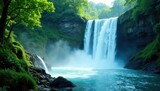 Powerful waterfall base, churning water, lush greenery , serene, image