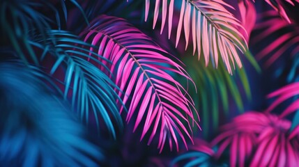 Aufkleber - Vibrant tropical jungle background with neon palm leaves in pink, blue, and green colors evoking a modern and stylish aesthetic