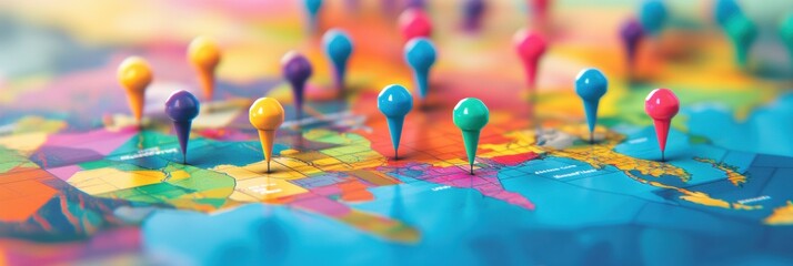 Poster - Brightly colored travel map highlighting popular destinations with pins for exploration and adventure in various locations around the world