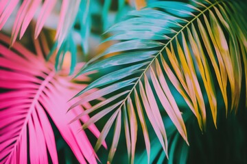 Fototapete - Explore vibrant tropical paradise with neon palm leaves and modern jungle aesthetic capturing natures beauty and lively colors in a blissful setting