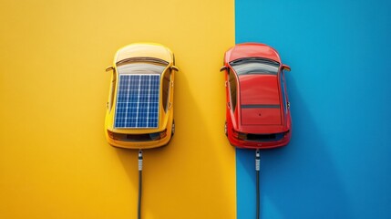 Poster - Bright solar panels charging alongside vibrant gasoline concepts create a bold eco-energy contrast on a split background showcasing energy alternatives