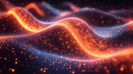 Abstract digital waves forming DNA-like structures with glowing particles in motion