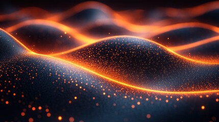 Abstract digital waves forming DNA-like structures with glowing particles in motion