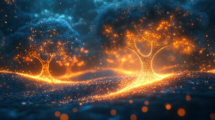 Digital forest made of glowing wireframe trees connected by light streams