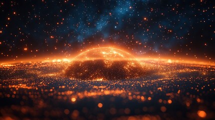 network of light beams forming a globe shape against a starry background