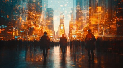 Futuristic city streets viewed through a holographic interface overlay