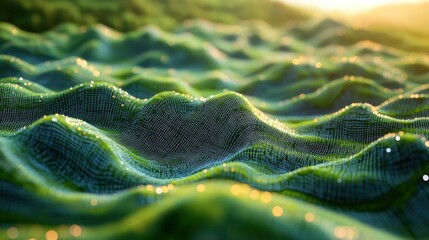 Virtual reality landscape with grid patterns morphing into natural terrain