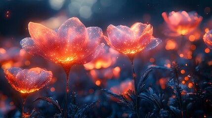 Futuristic digital garden with geometric flowers and glowing elements