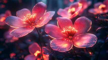 Futuristic digital garden with geometric flowers and glowing elements