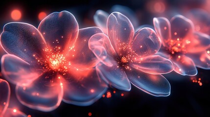 Futuristic digital garden with geometric flowers and glowing elements