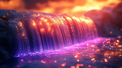 Digital waterfall made of flowing light streams and particle effects