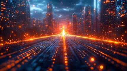 Futuristic transportation system with light trails in digital city