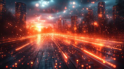 Futuristic transportation system with light trails in digital city