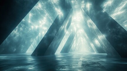 Network of light beams forming abstract architectural structures