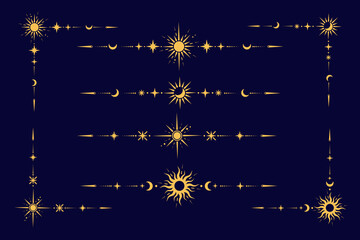 Wall Mural - Mystic celestial border with golden moon and stars ornament. Astrologic frame with spiritual elements. Vector dividers and fantasy corners with pattern of esoteric astral decorations.