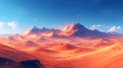 Digital desert landscape with geometric dunes and particle effects