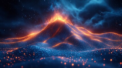 Digital volcano erupting with particle effects and data streams