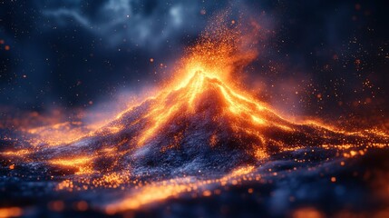 Digital volcano erupting with particle effects and data streams