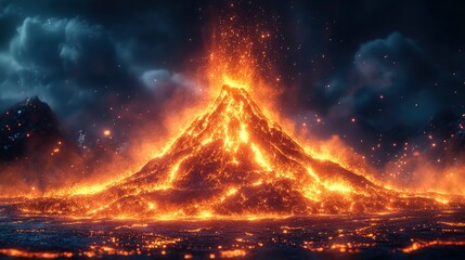 Digital volcano erupting with particle effects and data streams