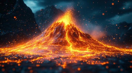 Digital volcano erupting with particle effects and data streams