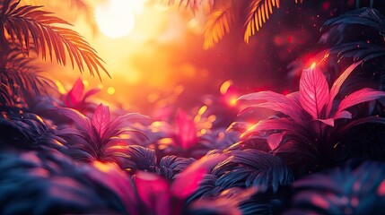 digital jungle with geometric plants and glowing elements