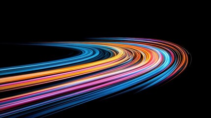 Abstract Light Trails: A mesmerizing display of colorful light trails, captured using long exposure photography, swirl and intertwine in a captivating circular pattern against a deep black background.