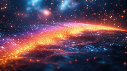 Digital rainbow made of data streams and particle effects