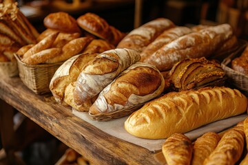 Poster - Freshly baked golden bread and pastries on rustic wooden table with warm lighting in cozy setting
