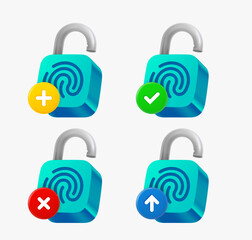 Poster - Lock with fingerprint icon set with different pictograms. 3d vector icons collection