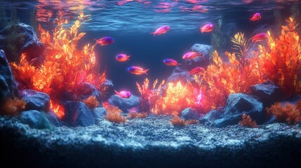 Digital aquarium with geometric marine life and glowing effects