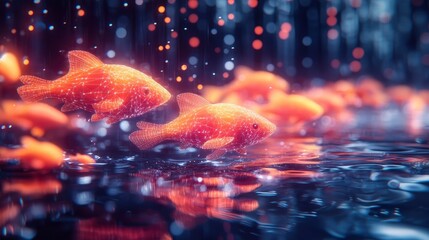 Digital aquarium with geometric marine life and glowing effects