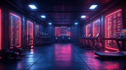 Futuristic digital gym with exercise process visualization