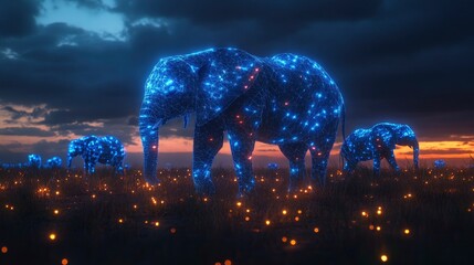 Digital savanna with geometric animals and glowing elements
