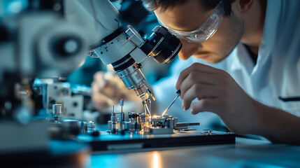 Wall Mural - a space engineer assembling components for space telescopes, advanced workshop with space telescope 