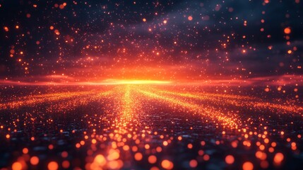 Digital sunset made of data streams and particle effects