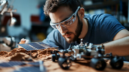 Wall Mural - a space engineer designing autonomous rovers for mars exploration, aerospace lab with rover prototyp