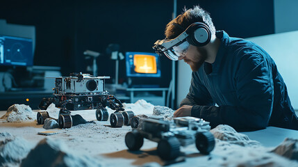 Wall Mural - a space engineer designing rover systems for lunar exploration, lab with rover prototypes, ai naviga