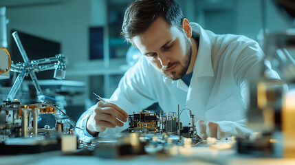Wall Mural - a space engineer working on satellite communication systems, high-tech lab with satellite components