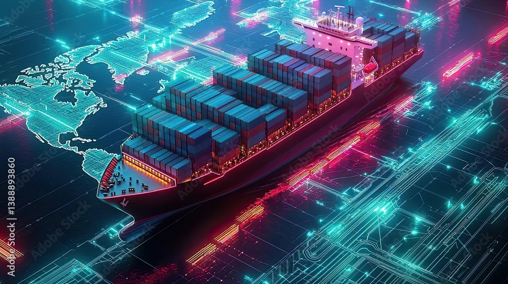 Cargo ship in digital world map for maritime logistic concept ...