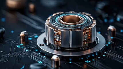Aufkleber - A close up of a small electronic device with a blue and gold color scheme