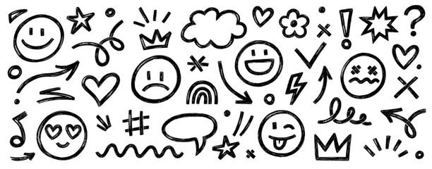Aufkleber - Smile brush hand drawn vector element set. Emoji fun face, heart, crown symbol crayon texture marker background kid sketch style hand drawn element. Scribble shape, smiley face. Vector illustration
