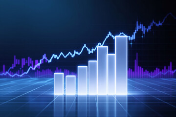 Poster - Abstract financial growth chart with glowing bars and stock market graph in blue background.
