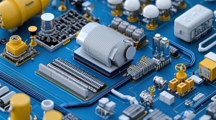 Aufkleber - A blue and yellow electronic board with many wires and components