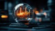 © Thamonchanok - Candlestick in crystal globe predicting finance and investment concept. A futuristic glass orb displaying fluctuating data visualizations.