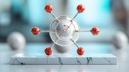 Poster - A sphere with red balls surrounding it is on a white marble surface