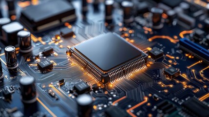 Leinwandbilder - A close up of a computer chip with a bright orange glow
