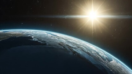 Wall Mural - Earth from space with sun rising, detailed surface view, stars twinkling in background