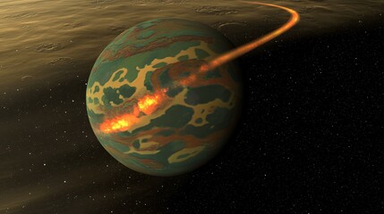 Wall Mural - Exoplanet's surface with fiery lava trails, set against a star-filled cosmos and faint atmospheric glow