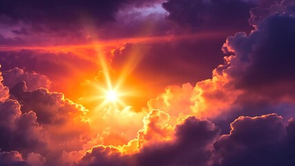 Wall Mural - Radiant sunset illuminating dramatic clouds with vibrant orange and purple hues above horizon