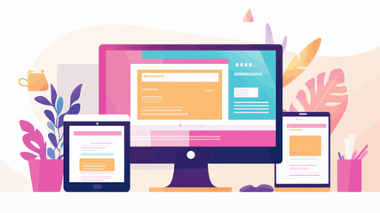 Flat design vector illustration of responsive mobile and desktop website interface for modern web development and design